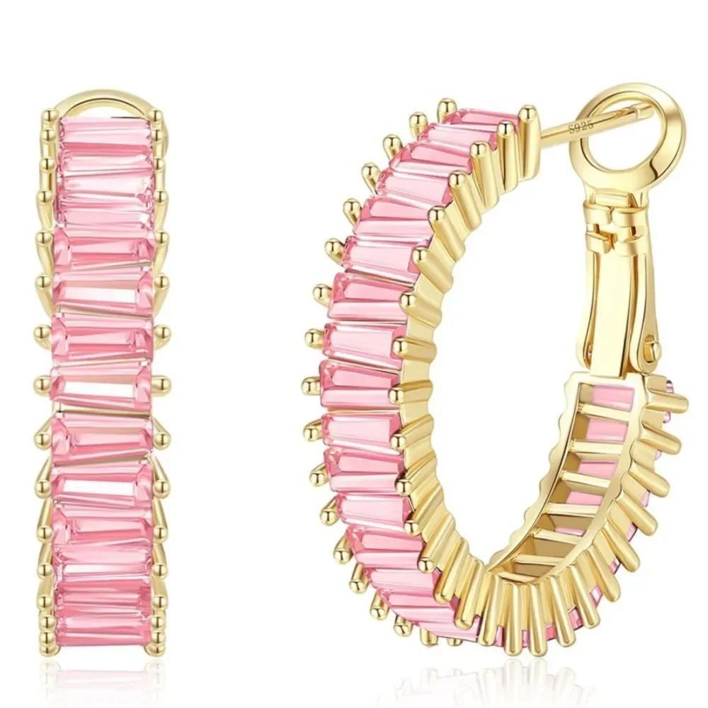 14K Yellow Gold with Pink Sapphire Cubic Zirconia Drop Hoop Leverback Earrings